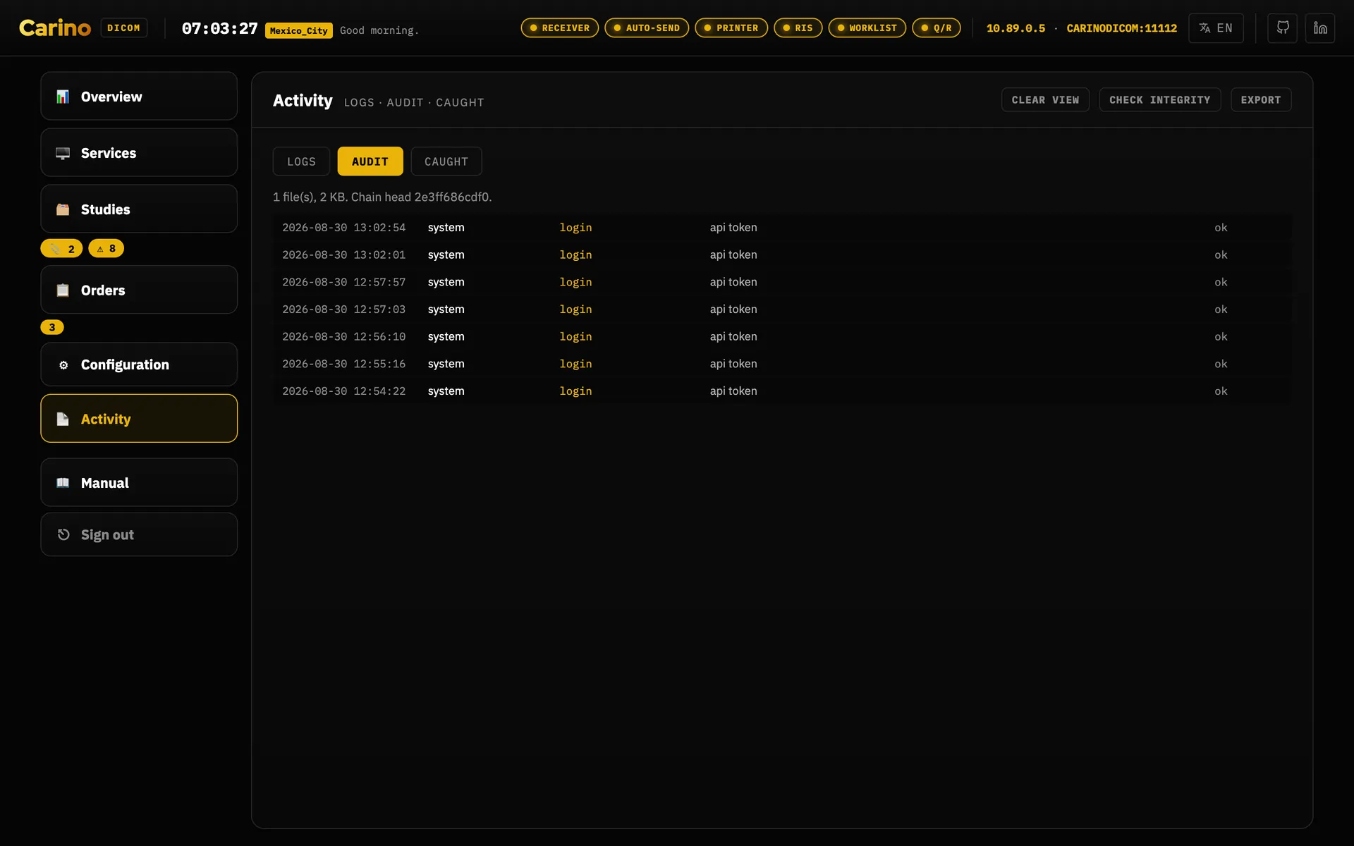 The Audit tab of Activity: in the panel header, above the tab strip, a Clear view button, a Check integrity button and an Export button; under the tabs, a line giving the file count, the size on disk and the chain head digest; and below it five timestamped rows, each one the system logging in with an api token, each one ok.