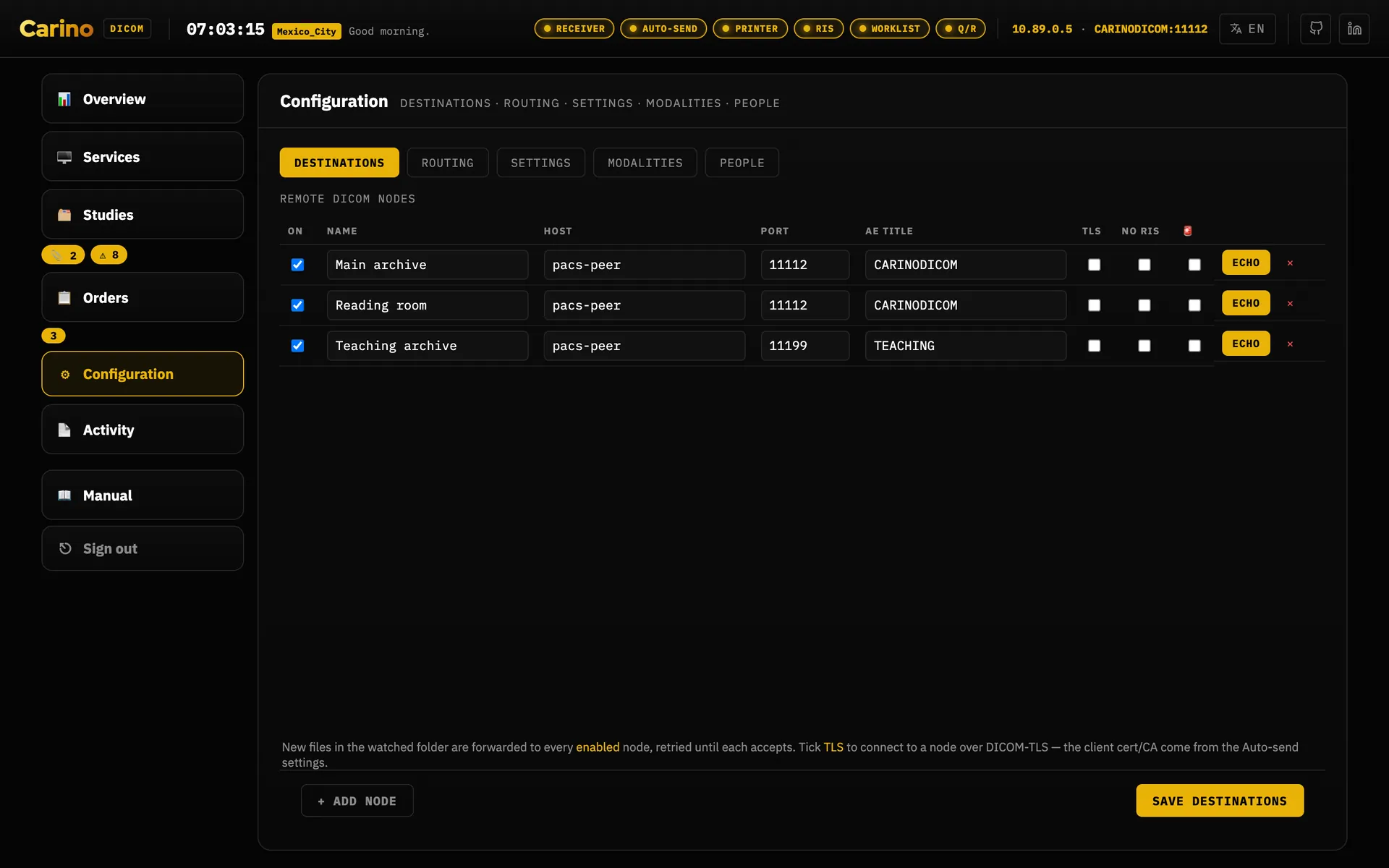 The Destinations tab of Configuration: three rows — Main archive, Reading room and Teaching archive — each with host, port, AE title, tick boxes for TLS, no RIS and emergency primary, and an Echo button.