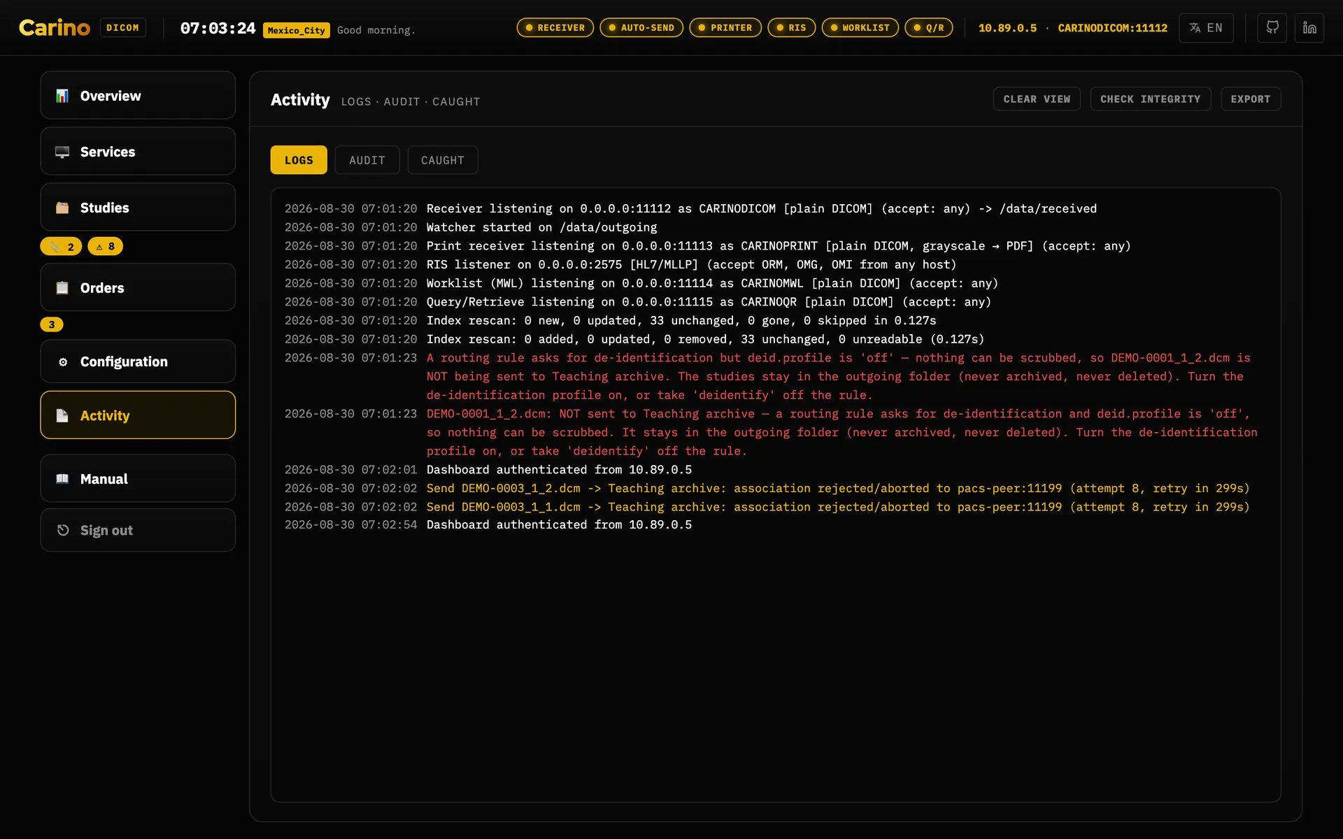 The Logs tab of Activity: a timestamped stream. Startup lines name each listener and its port; a red block explains that a routing rule asks for de-identification while the profile is off; an amber line reports a rejected association and when it will be retried.