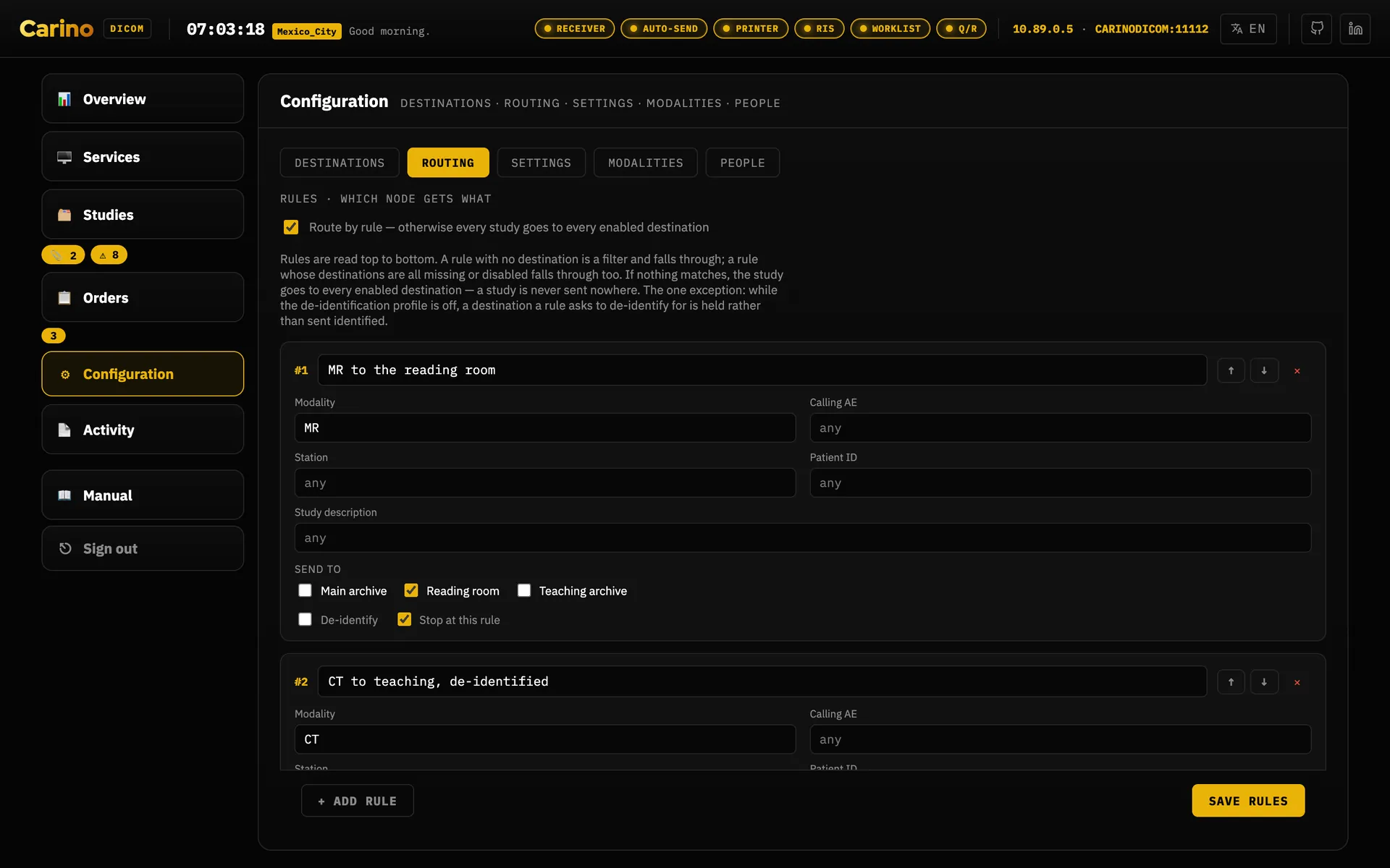 The Routing tab of Configuration: a Route by rule tick box, then numbered rules with match fields for modality, calling AE, station, patient ID and study description, and a Send to row of destination tick boxes plus De-identify and Stop at this rule.