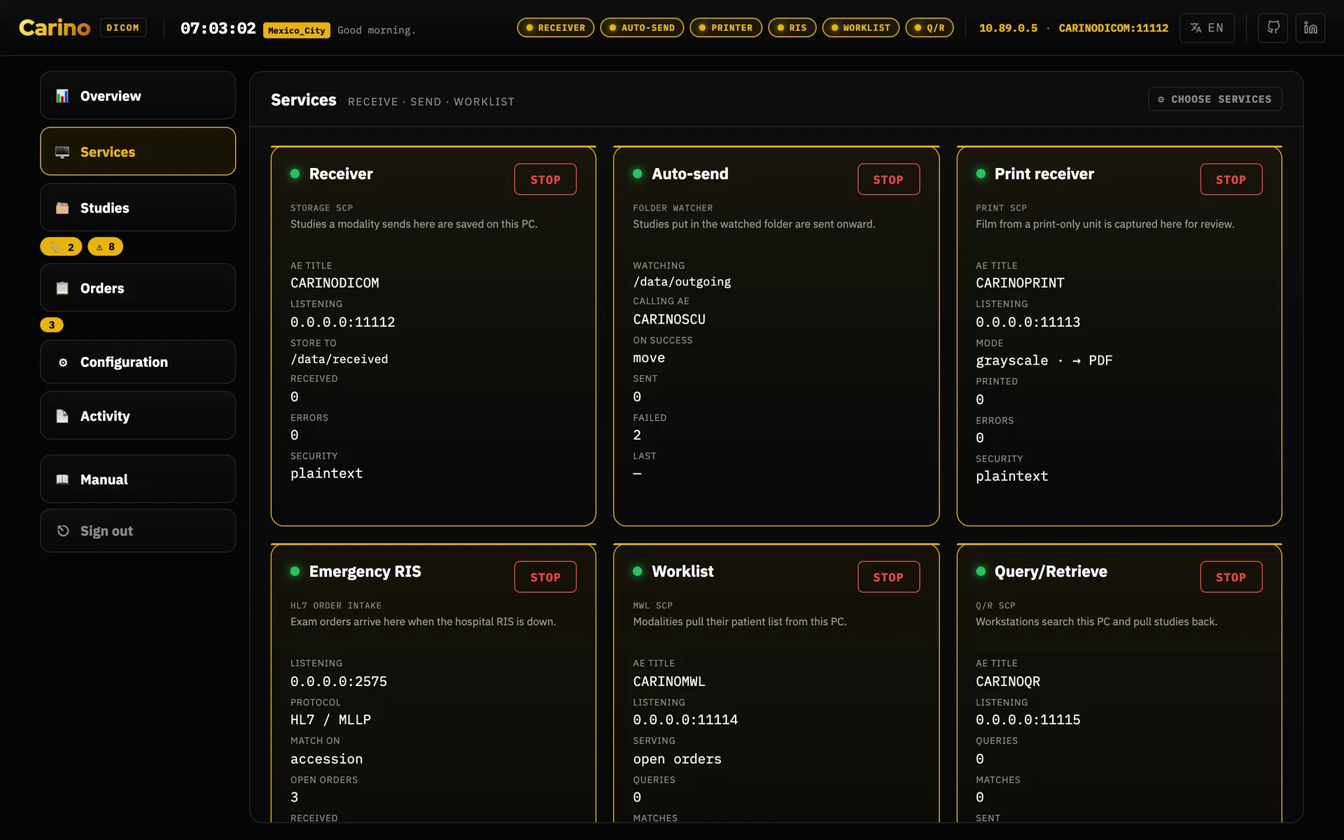The Services panel: a card per service — receiver, auto-send, print receiver, emergency RIS, worklist, Query/Retrieve — each with a green dot, a Stop button, its AE title, what it is listening on, and its counters.