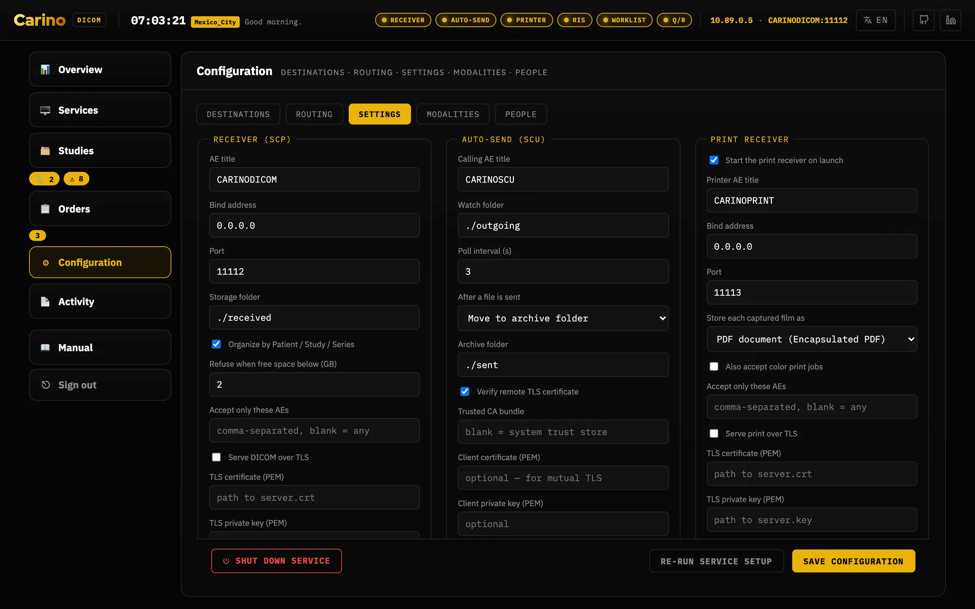 The Settings tab of Configuration, its twelve fieldsets in three columns on a wide screen: the receiver's AE title, bind address, port, storage folder, free-space floor, AE allow-list and TLS fields; the auto-send calling AE, watch folder, poll interval, what to do after a file is sent and its TLS trust settings; and beside them the print receiver, failover, worklist, RIS, Query/Retrieve, DICOMweb, index, de-identification, API access and integration fieldsets.