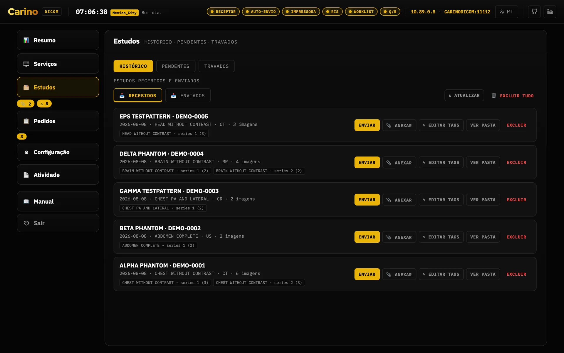 A aba Histórico de Estudos, mostrando os recebidos: uma linha por estudo com paciente, ID, data, descrição, modalidade e número de imagens, suas séries logo abaixo, e ações por linha: enviar, anexar, editar tags, ir ao arquivo e apagar.