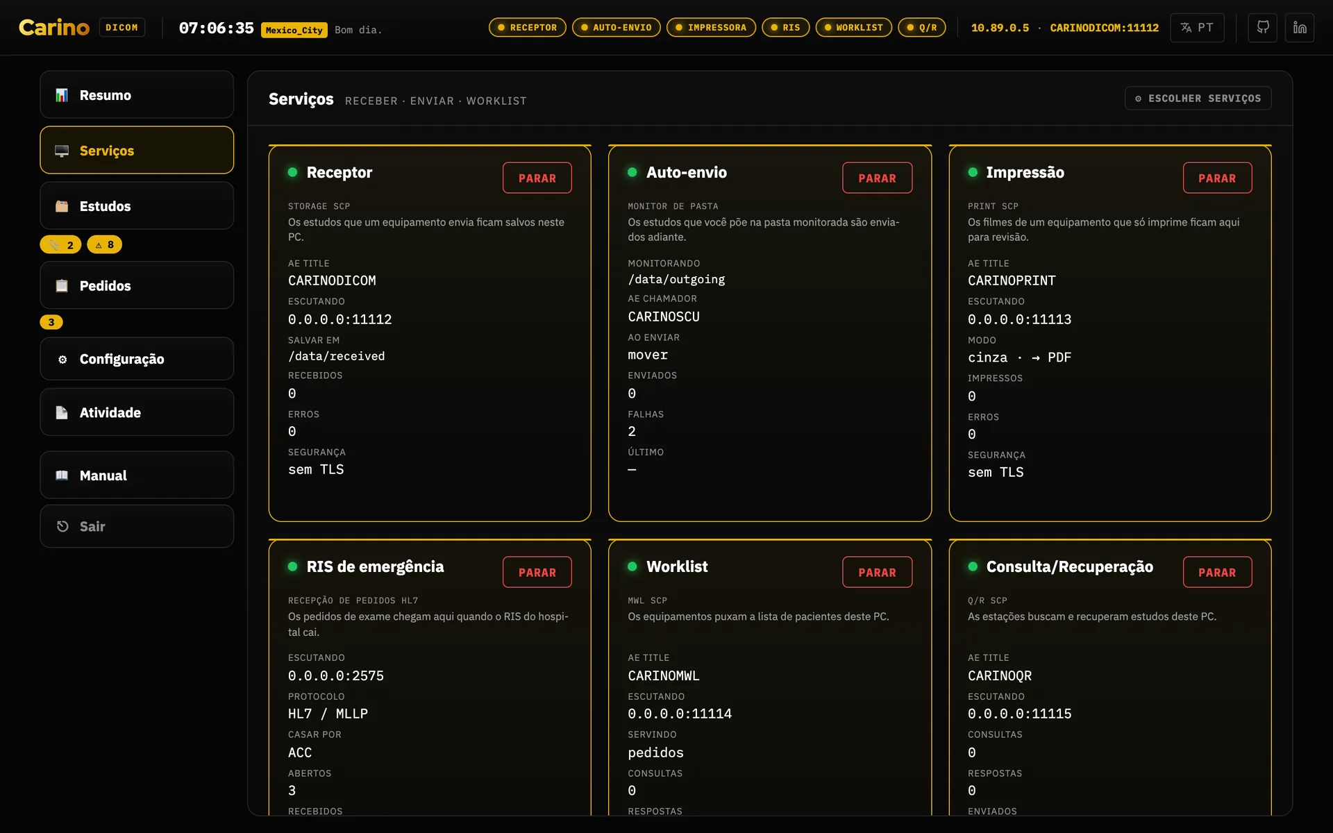 O painel de Serviços: um cartão por serviço — receptor, encaminhamento automático, receptor de impressão, RIS de emergência, worklist, Query/Retrieve —, cada um com um ponto verde, um botão de parar, seu AE title, onde está escutando e seus contadores.